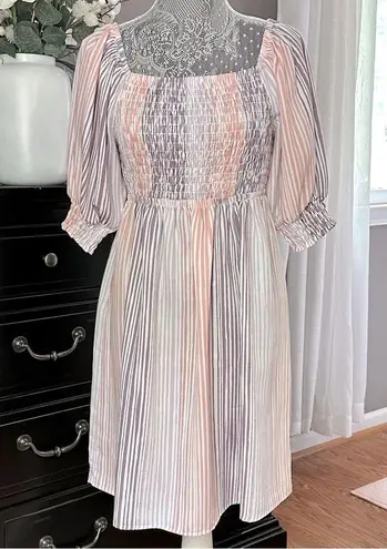 Ophelia Roe Smocked Puff Sleeve Pink & Purple Striped Mini Dress – Size Small