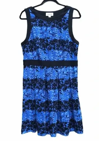 Elle Striped Floral Sleeveless Dress Pleated Blue