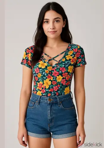 White Birch Women’s Floral Bodysuit Small Crisscross V-Neck One Piece Casual Top