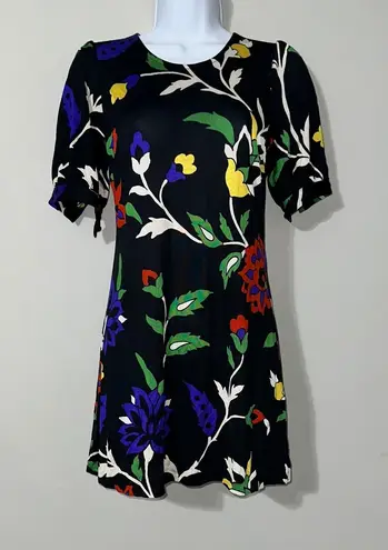 Nieves Lavi New York Floral Print 100% Silk Dress Short Sleeve Black Size 2
