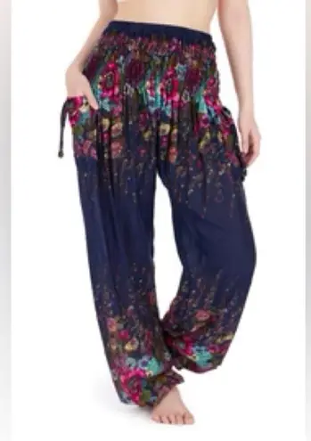 Floral Harem Pants S/M High Rise Cargo Smocked Boho Festival Resort Artsy Flowy Blue