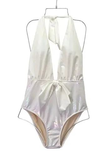 Beach Joy NWT White Metallic Plunge One Piece Swimsuit Size Medium Bridal Bow