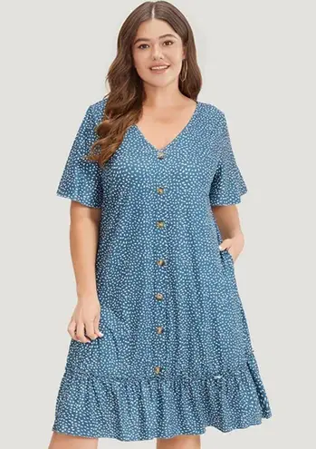 Water Drop Print Button Ruffled Dress Size 2X