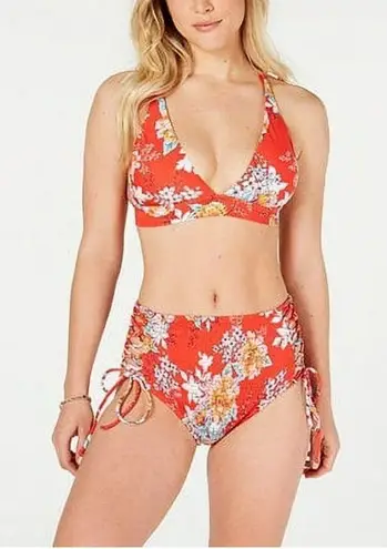 Raisin's Maya Bay Red and White Floral Miami Printed Halter Bikini Two Piece Set
