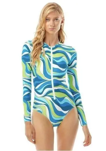 MICHAEL KORS SURF LONG SLEEVE 1PC PADDLE SWIMSUIT RASH GUARD CYAN BLUE SIZE 10