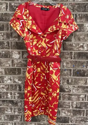 VTG Teri Jon Rickie Freeman Sz 6 Floral Hawaiian Collared Dress Abstract Artsy Red