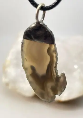 Brazilian Agate Slice Geode Pendant & Black Faux Leather Cord. Handmade