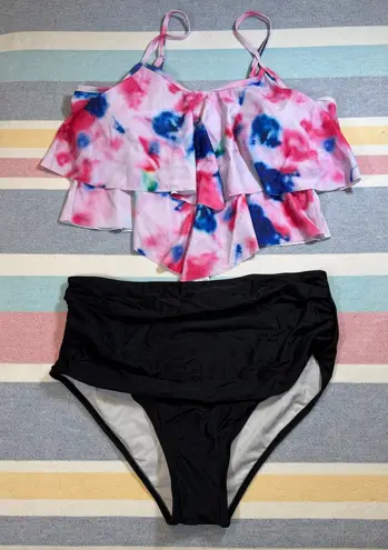 NWT, Adisputent, Tie Dye Ruffle Top & High Waisted Bikini Bottom Set, Sz XL Black