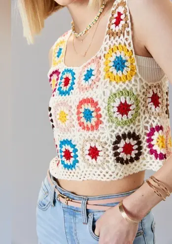 Pink Lily Colorful Crochet crop top tank flowy coverup swimsuit beach granny squares