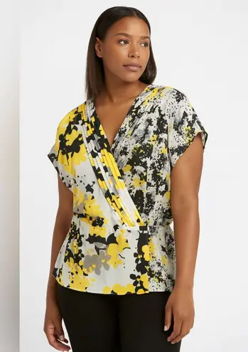 New York & Company Yellow and Black Abstract Floral Blouse. Size