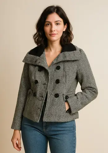 Last Kiss black and white herringbone pattern peacoat-style jacket size L