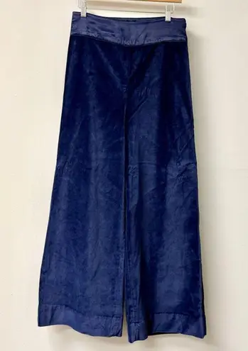Frances Valentine Velour High Waisted Wide Leg Tuxedo Pants Navy Women's Size 6 Blue