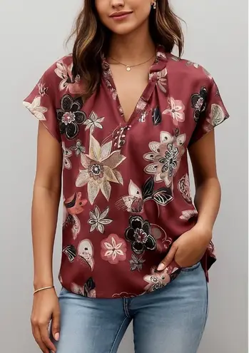 Never A Wallflower Vicki Short Flutter Sleeve Top Shirt Floral 100% Cotton Sz S Brown