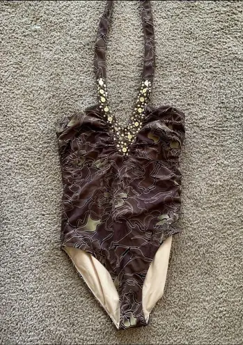 Newport News COPY -  One Piece Halter Swim Suit Size 10 Brown Sequin summer spri…