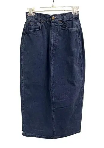 Vintage 70s 80s Chic High Rise Denim Skirt Size 0 25" Waist Midi Made in USA Blue