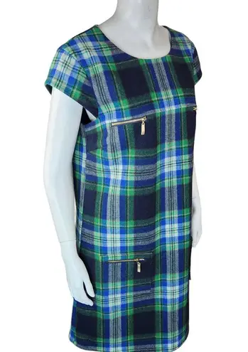 Julie Brown Womens Size 8 Green Plaid Wool Blend Short Sleeve Midi Dress Pockets