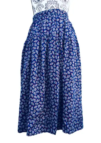 Vintage 80s Lanz Navy Blue Paisley Skirt Yoked Midi With Pockets 4 25” Waist