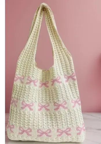 Zenana Outfitters PINK RIBBON BOW PATTERN KNITTED WOVEN CROCHET TOTE BAG