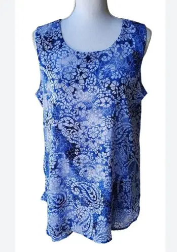 Fever Blue White Floral Paisley Sheer Layered Tierred Flowy Sleeveless Top 2X