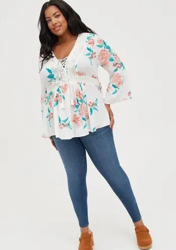 Torrid  NWT Baby Doll Lace Up Crinkle Gauze Floral Tunic Blouse Crochet Eyelet - Image 12