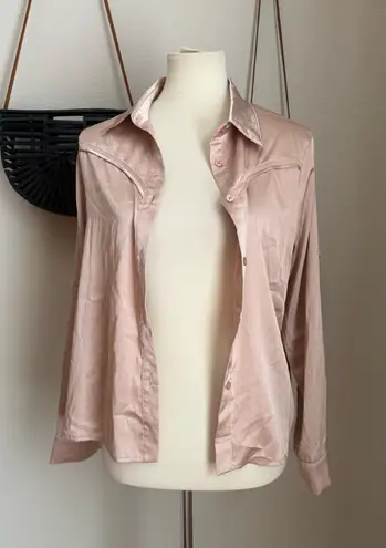 Kittenish Silk Fringe Long Sleeve Button Blouse, Size XS