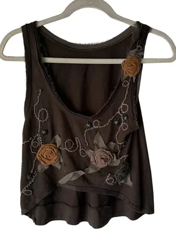 Y2k Boho Festival Tank Top Small Brown Floral 3D Rosette Embroidered Boho Artsy