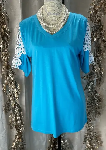 Amazon  Blue Crochet Sleeve V-Neck Blouse‎ Medium Soft Stretchy Feminine