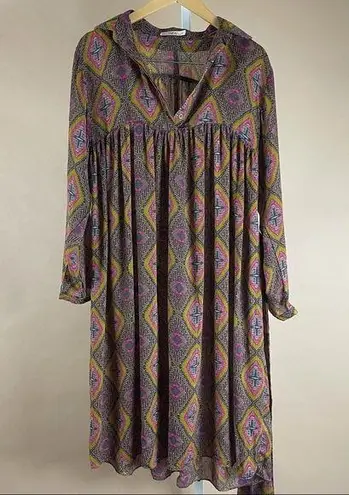 Hazel Large Boho Aztec Flowy Loose Dress Pleat V Neck Swim Cover Vacation Summer Brown