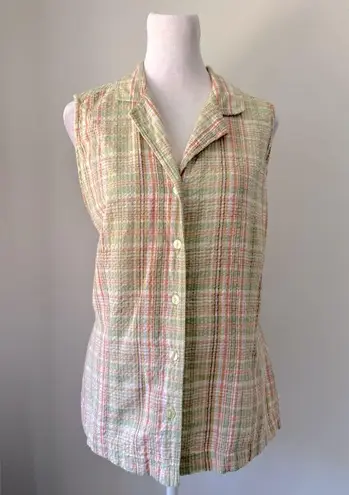 Erika Vintage ‘90s Peach & Green Plaid Collared Sleeveless Button Down Blouse