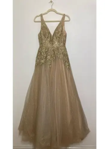 Mac Duggal A-Line Metallic Appliqué Ballgown In Champagne