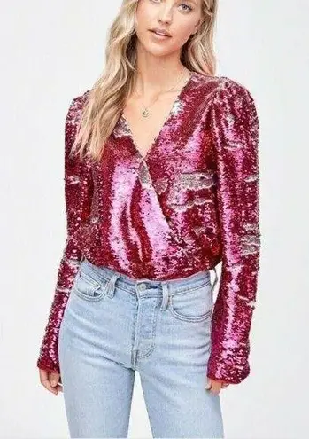 En Saison Womens Size L Bastienne Pink Sequin Bodysuit puffed