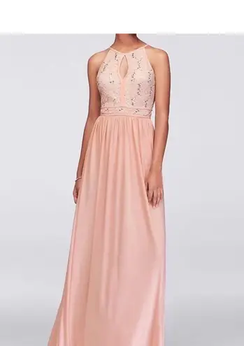 Morgan & Co . Lace Halter Gown Dim Blush Size 14