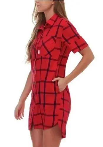 Topo Designs Shirt Dress Womens Large Plaid Flannel Button Up Red Navy Cotton