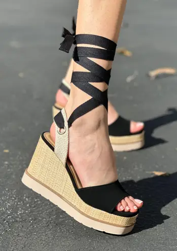 Soda Black Lace Up Wedge