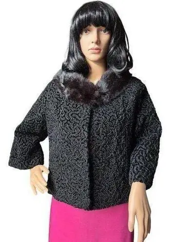 Vintage 1960's Faux Persian wool crop coat with fur collar black size medium