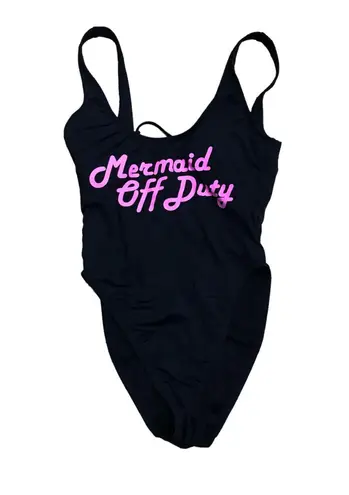 One Piece "Mermaid Off Duty"  Swimsuit - black w pink & tie up back Small S