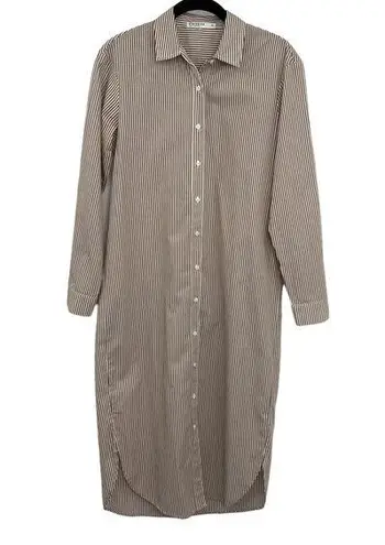 Stateside Shirt Dress Brown White Pinstripe Long Sleeve Button Front Womens XS