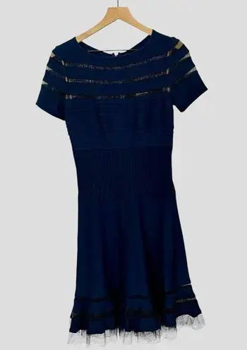 Tadashi Shoji Pintuck Jersey Cutout Mesh Stripe Short Sleeve Dress - Blue - S