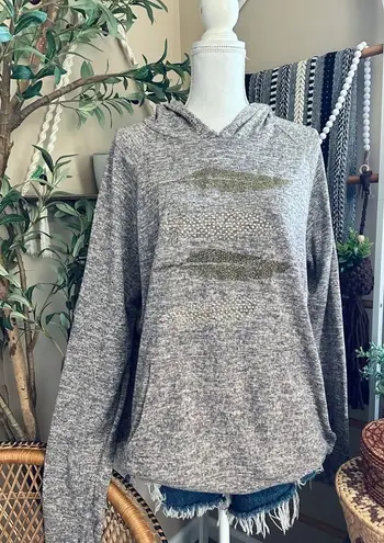 SJS Soft Brown Brushed Bohemian Embellished Glitter Feather Hooded Long Sleeve Size 3X - Image 1