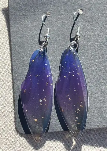 Fairy wings purple blue Ombre drop earrings gold sparkles wing New cottagecore