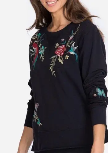 Johnny Was Black Gen French Terry Mix Pullover XXS Red Bird Embroidery