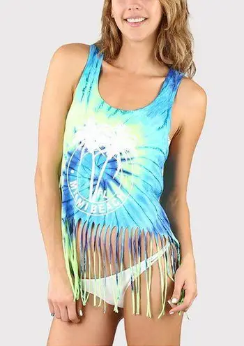 Beach By Exist Blue & Green Tie-Dye Swirl 'Key West Florida' Fringe-Hem Tank