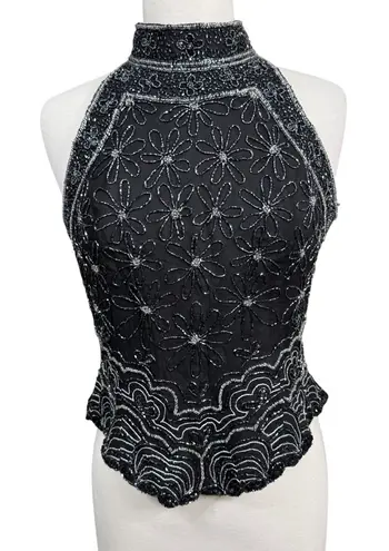 Adrianna Papell Boutique Evening Black Silk Beaded Halter Top Vintage M Size M