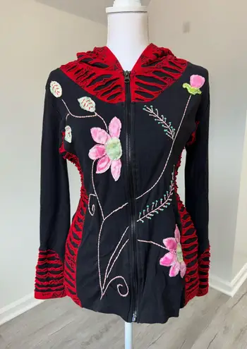 Nepal Hoodie M Black Red Floral Appliqué Patchwork Zip Cotton Festival Boho Size M