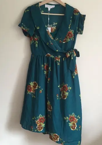 Superfoxx Teal Green Floral V Neck Short Sleeve Asymmetrical Hem Wrap Dress New