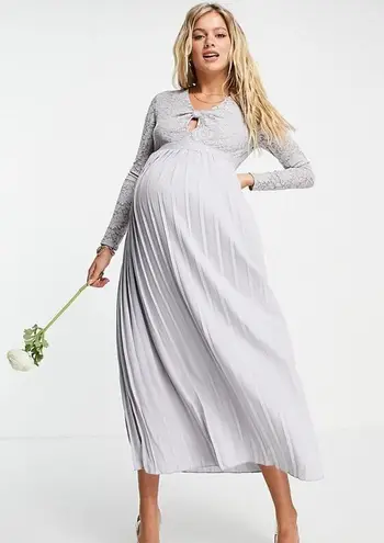 Little Mistress NWT Midi Skater Dress White Lace Pleated Twist Front Long Sleeve