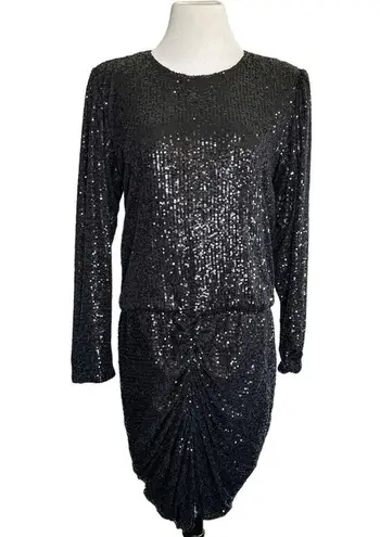 Retrofête Retrofete Flynn Sequin Ruched Tulle Long Sleeve Key Hole Mini Dress Black Large