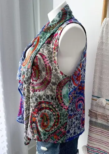 ANU Floral Embroidered 100% Wool Lightweight Boho Vest Cardigan Women’s Large Blue