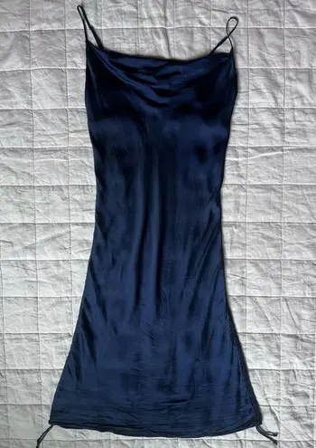 Aritzia Wilfred Only Ruched Slip Satin Midi/Mini Dress Navy Blue Medium