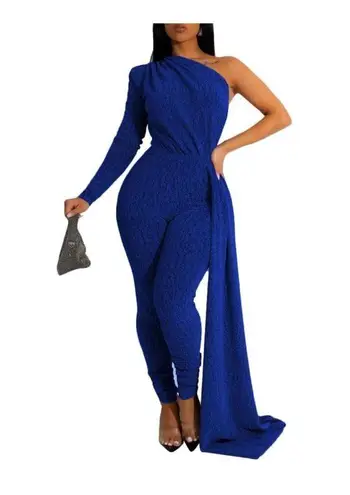 Dinyln - Blue Jumpsuit formal Sequin One Sleeve Party Clubwear - Size Small